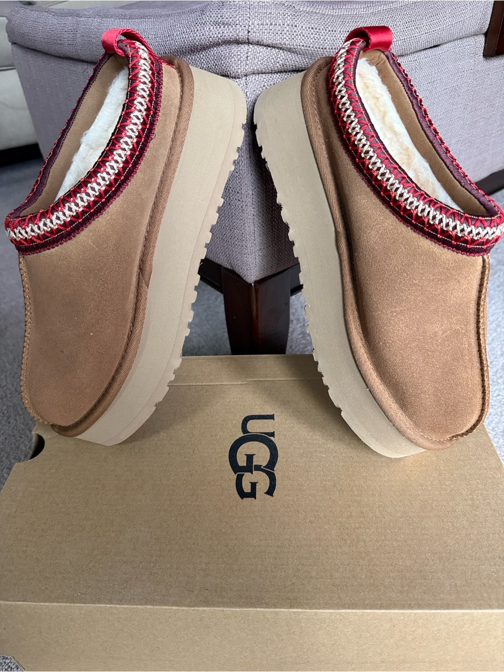 UGG Tazz Women's Chestnut Suede Mules with Red Trim